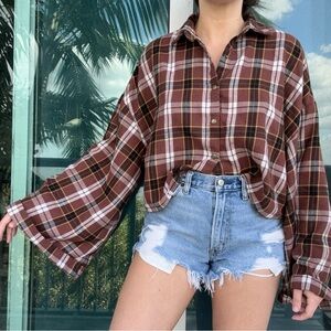 Brown Plaid Crop Wide Sleeve Shirt Top L